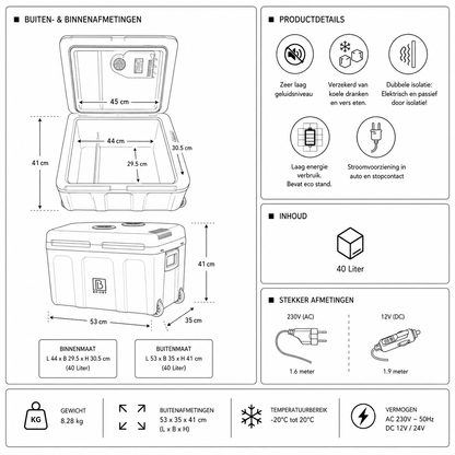 Brisby Elektrische Koelbox 40 Liter - 12V & 230V - Koelen & Verwarmen - Met Wielen & Comfort Grip® Handgrepen - Zwart