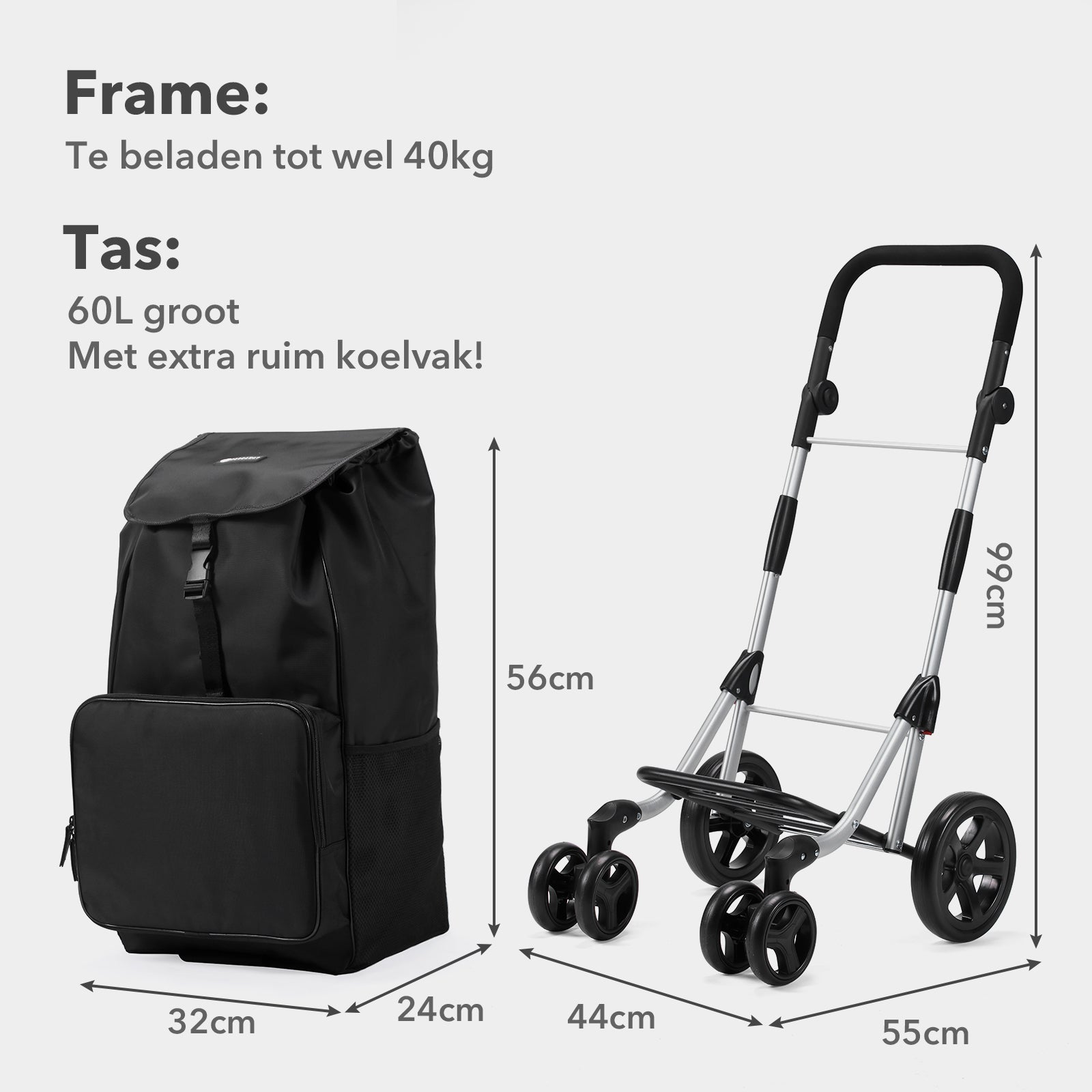 Boodschappentrolley deluxe 60L zwart - koelvak - boodschappenwagen - steekwagenfunctie - verstelbaar handvat