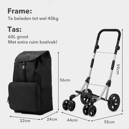 Boodschappentrolley deluxe 60L zwart - koelvak - boodschappenwagen - steekwagenfunctie - verstelbaar handvat