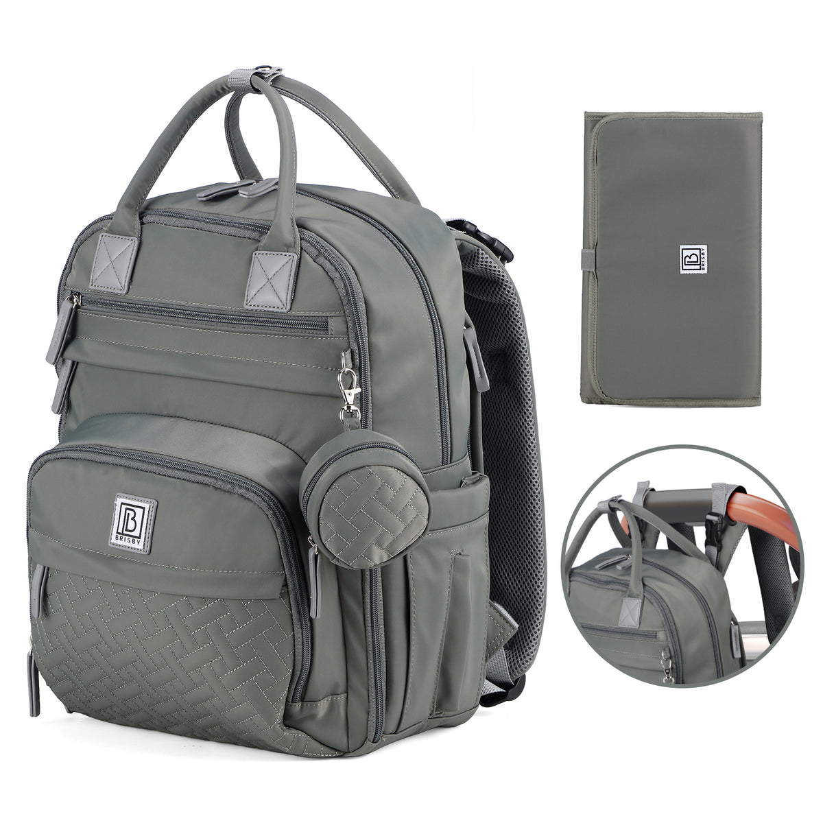 Brisby Premium Luiertas – Uitgebreide en Functionele Verzorgingstas – met buggymontage – Anti Diefstal Vakken - Reistrolley Sleeve - Inclusief verschoonmatje t.w.v.15,99 euro en speenhouder - Levenslange Garantie - Misty Green
