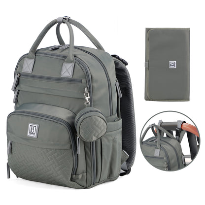 Brisby Premium Luiertas – Uitgebreide en Functionele Verzorgingstas – met buggymontage – Anti Diefstal Vakken - Reistrolley Sleeve - Inclusief verschoonmatje t.w.v.15,99 euro en speenhouder - Levenslange Garantie - Misty Green