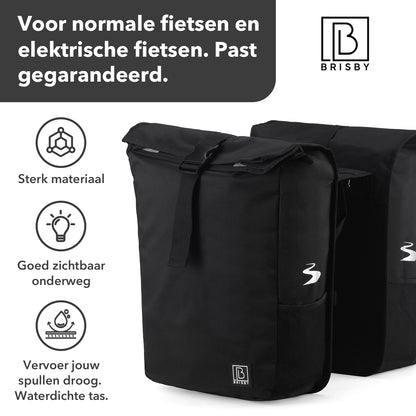 Brisby Dubbele Fietstas Rolltop Zwart 39-48L Waterdicht Geschikt voor Elektrische Fietsen & E-Bike - Zwart