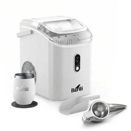 Bardi 1.1L - Nugget IJsblokjesmachine Rond - Crushed Ice Maker met IJsschep - 15kg/24 uur - Ijsblokjesmaker - Met Lux Thermosbeker - WIT - Citruspers RVS
