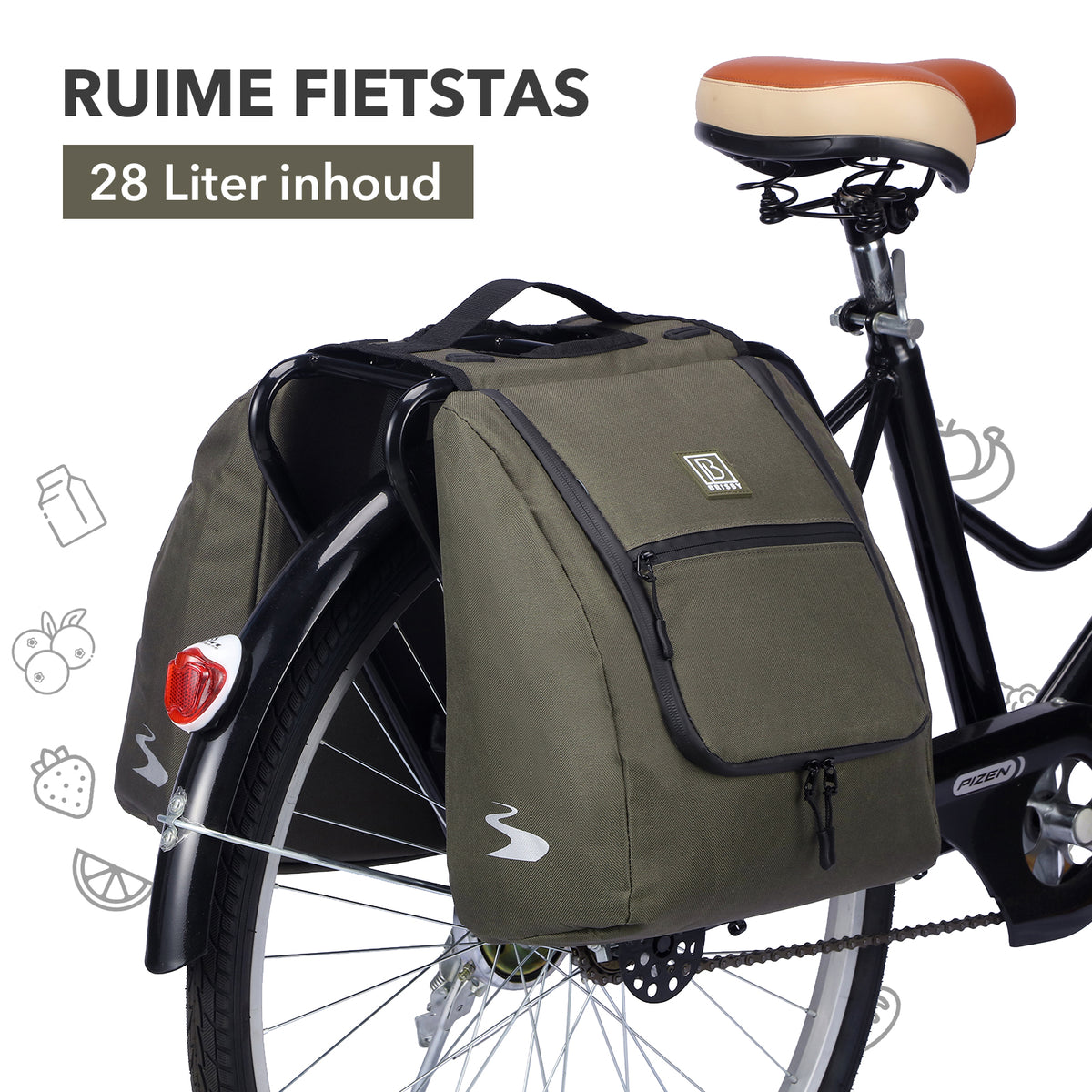 Brisby Dubbele Fietstas 28 Liter – Koeltas en Lunchtas – 4-laags Geïsoleerd – Voor Gewone en Elektrische Fiets – Waterafstotend met Waterdichte Ritsen – Misty Green