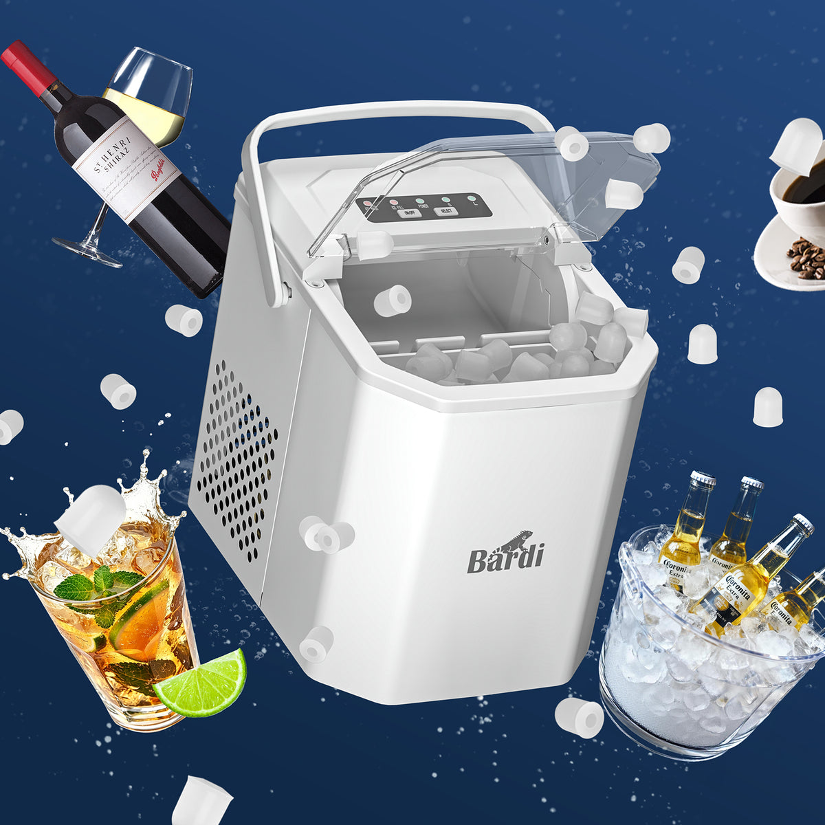 Bardi 1.3L Deluxe IJsblokjesmachine Square – IJsblokmaker Inclusief Luxe Thermosbeker en IJsschep – 9 Blokjes in 8 Minuten – WIT