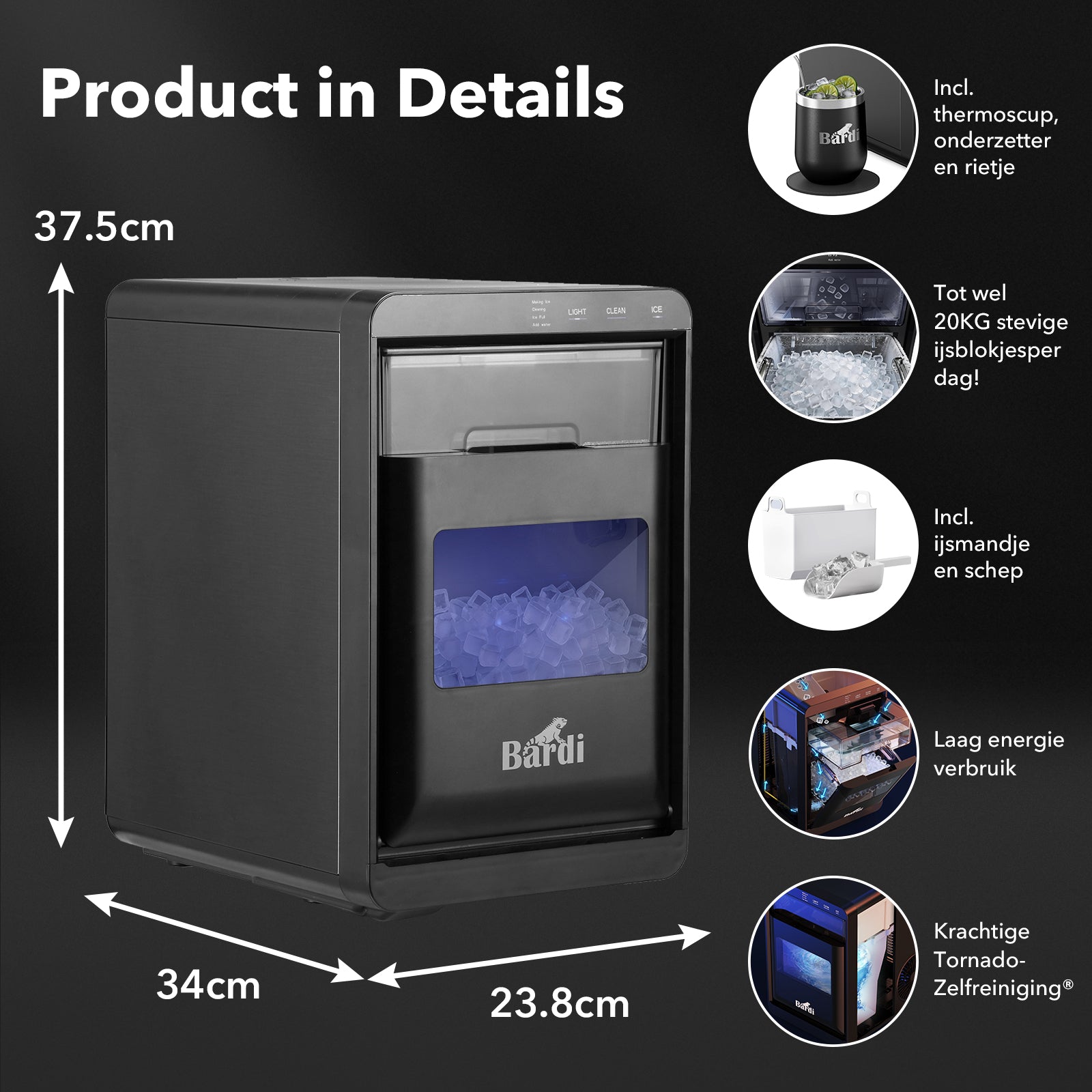 Bardi 1,8L Deluxe IJsblokjesmachine - Crushed ICE machine - Nugget IJsblokjesmachine - LED Verlichting - 20Kg/24 uur. inclusief Thermosbeker - ZWART met citruspers RVS