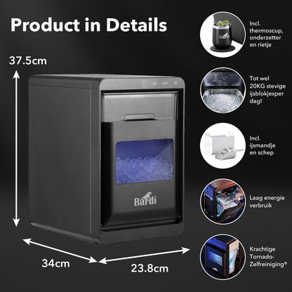Bardi 1,8L Deluxe IJsblokjesmachine - Crushed ICE machine - Nugget IJsblokjesmachine - LED Verlichting - 20Kg/24 uur. inclusief Thermosbeker - ZWART met citruspers RVS