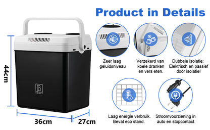 Elektrische koelbox 25L zwart - AC/DC 12V, 220/230V - incl. divider en vershoudbakjes - vergrendelbare deksel