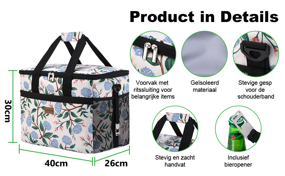 Koeltas 30L white flower - lunchtas - opvouwbaar - 4-laags geïsoleerd - incl. 4 gratis koelelementen en draagband