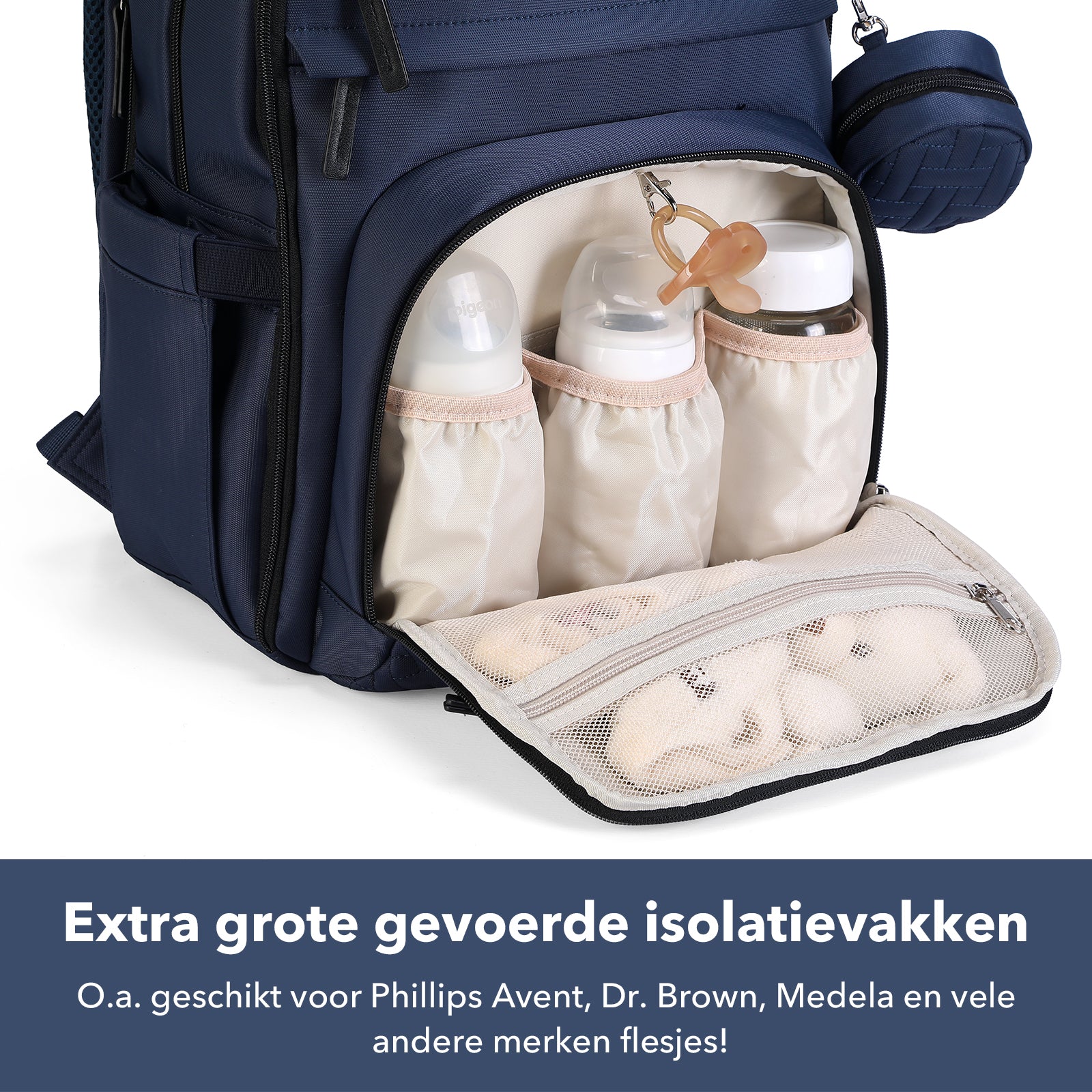 Premium luiertas blauw - uitgebreide en functionele verzorgingstas - met buggymontage - anti diefstal vakken - reistrolley sleeve - incl. verschoonmatje en speenhouder - levenslange garantie