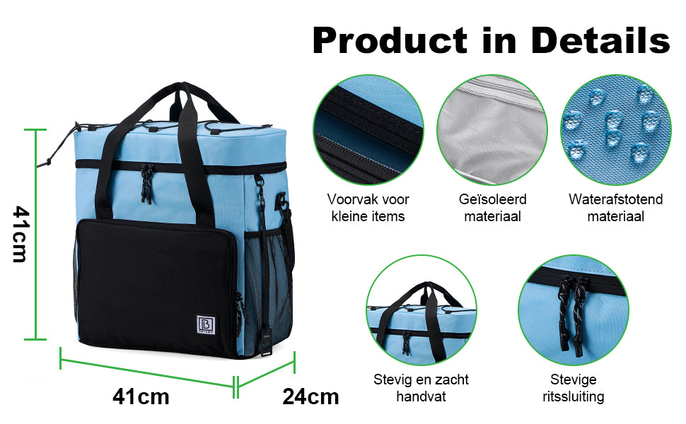 Koeltas 40L zwart/blauw - Lunchtas - 4-laags geïsoleerd - 6 gratis koelelementen - incl. schouderband