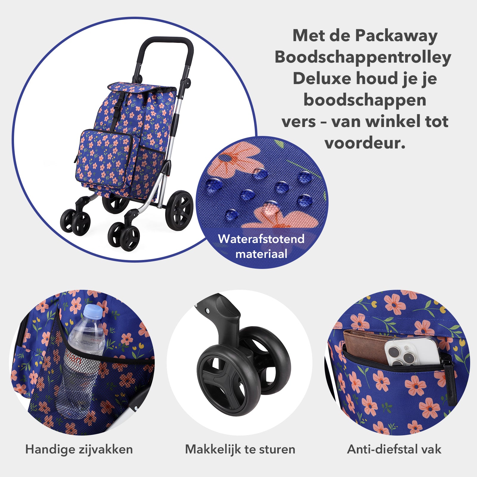 Packaway Boodschappentrolley met 4 wielen - boodschappenwagen deluxe met koelvak en verstelbaar handvat – 60 liter – Blue Blossom