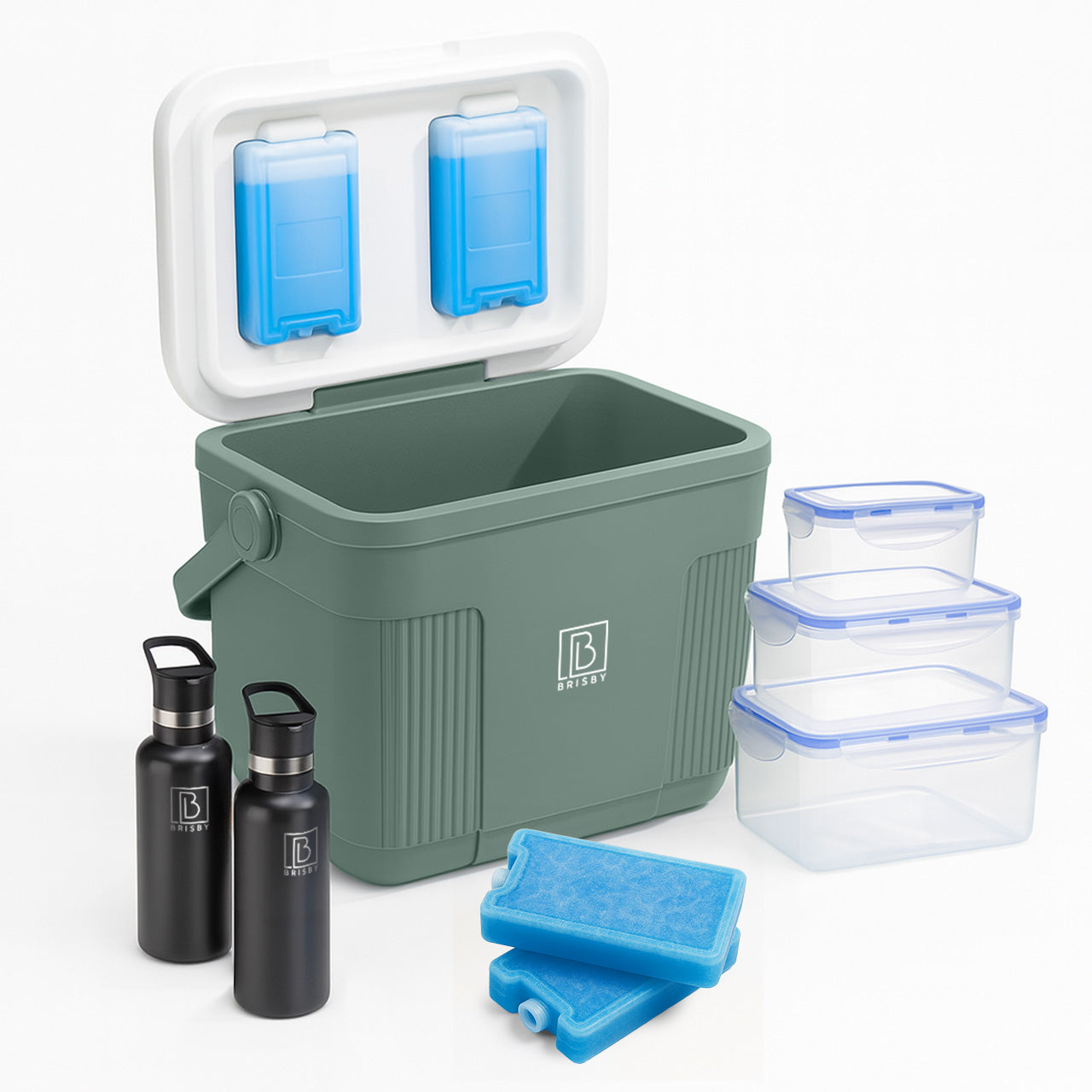 Koelbox 22L groen SET - Tot maximaal 40 uur isolatie - incl. 4 450ml koelelementen, 2 zwarte 500ml thermosflessen en 3-delige set vershoudbakjes