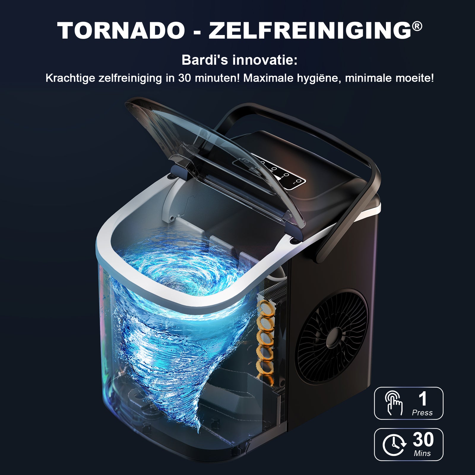Bardi Deluxe Ice Cube Machine 1.2L black - Self-cleaning function - ice cube maker with ice scoop - Incl. luxury thermos cup and ice scoop
