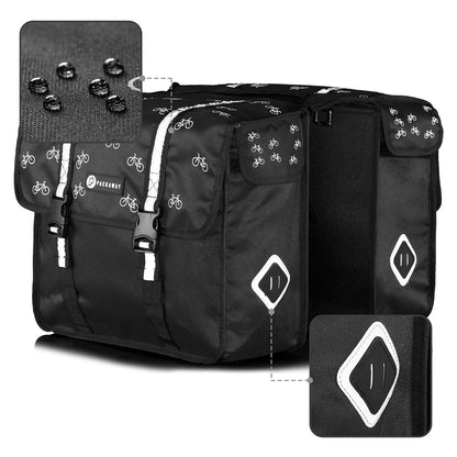 Packaway Double Panniers - Waterproof Panniers Electric Bike - Reflective - Bike Pattern Black 36 Liters