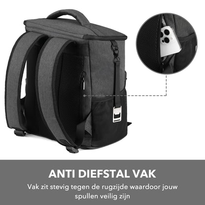 Koeltas rugzak 25L grijs - Waterafstotend - anti diefstal vak - 4 laags geïsoleerd - Incl. 2 gratis koelelementen en gratis flessenopener