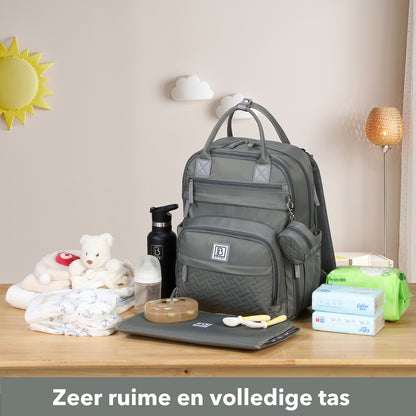 Brisby Premium Luiertas – Uitgebreide en Functionele Verzorgingstas – met buggymontage – Anti Diefstal Vakken - Reistrolley Sleeve - Inclusief verschoonmatje t.w.v.15,99 euro en speenhouder - Levenslange Garantie - Misty Green
