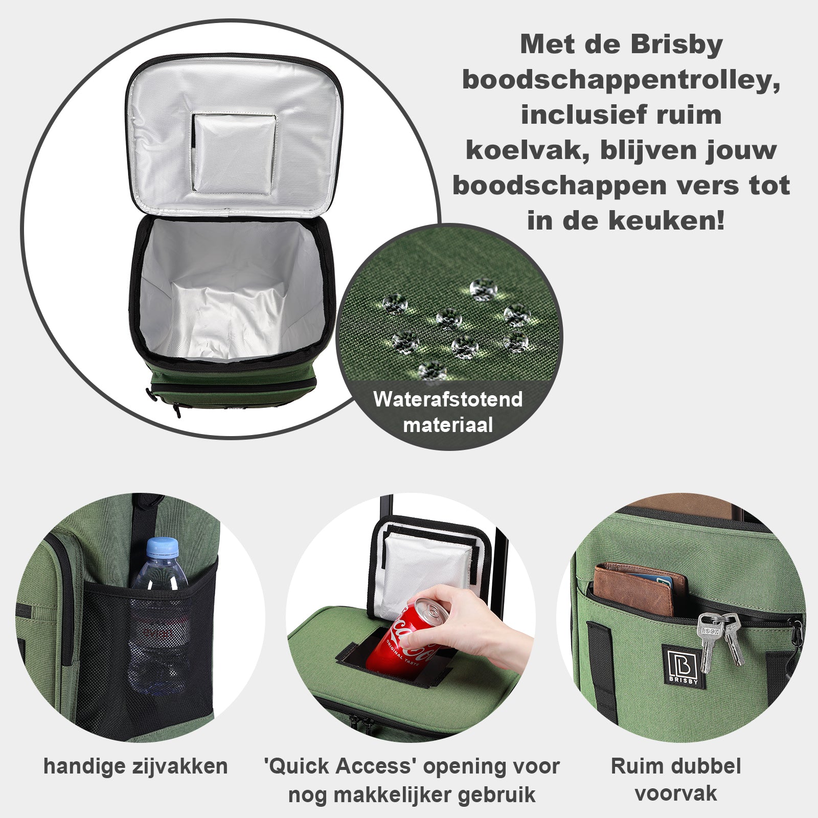 Brisby Boodschappentrolley met Koelvak – 32L Ruimte – Ideaal voor Boodschappen – Inclusief Koelelementen – Waterafstotend – Verstelbaar Handvat – Groen