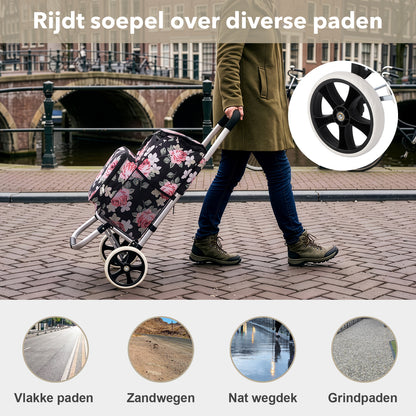 Packaway Boodschappentrolley 45L met Koelvak - Boodschappenwagen met Grote Wielen - Steekwagenfunctie - Waterafstotend - Black Flower
