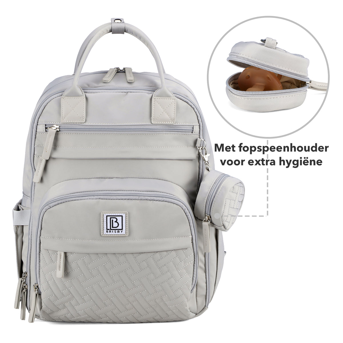 Brisby Premium Luiertas – Uitgebreide en Functionele Verzorgingstas – met buggymontage – Anti Diefstal Vakken - Reistrolley Sleeve - Inclusief verschoonmatje t.w.v.15,99 euro en speenhouder - Levenslange Garantie -Modern Grey