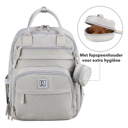 Brisby Premium Luiertas – Uitgebreide en Functionele Verzorgingstas – met buggymontage – Anti Diefstal Vakken - Reistrolley Sleeve - Inclusief verschoonmatje t.w.v.15,99 euro en speenhouder - Levenslange Garantie -Modern Grey