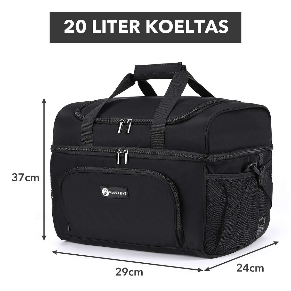 Packaway Koeltas 20L - Lunchtas - Inclusief 4 Koelelementen - Dubbel Compartiment - 4-Laags Geïsoleerd - Waterafstotend - Signature Black
