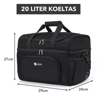 Packaway Koeltas 20L - Lunchtas - Inclusief 4 Koelelementen - Dubbel Compartiment - 4-Laags Geïsoleerd - Waterafstotend - Signature Black