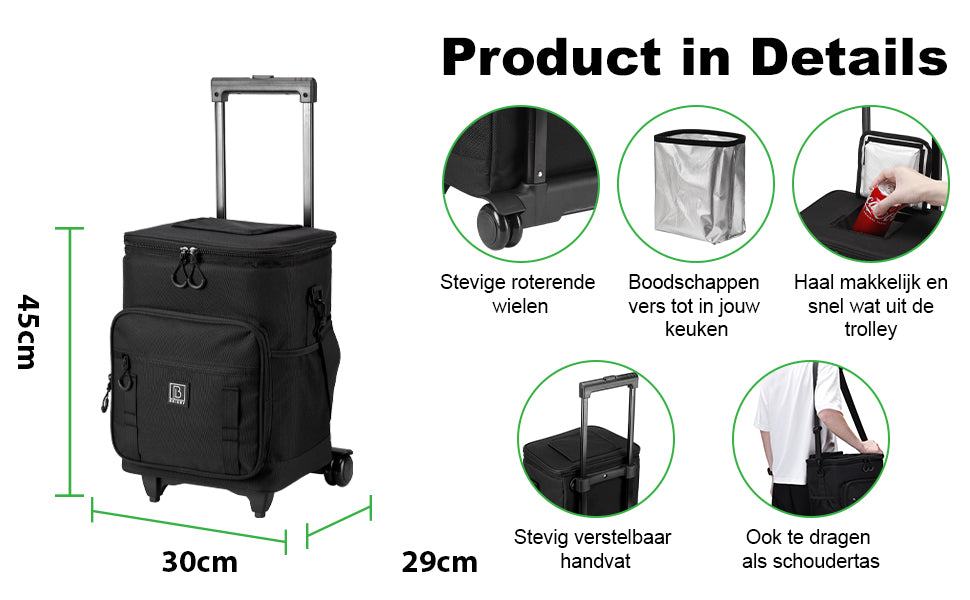 Boodschappentrolley 32L met volledig koelvak zwart - 4 extra vakken - uitneembaar koelvak - trekstang in hoogte verstelbaar