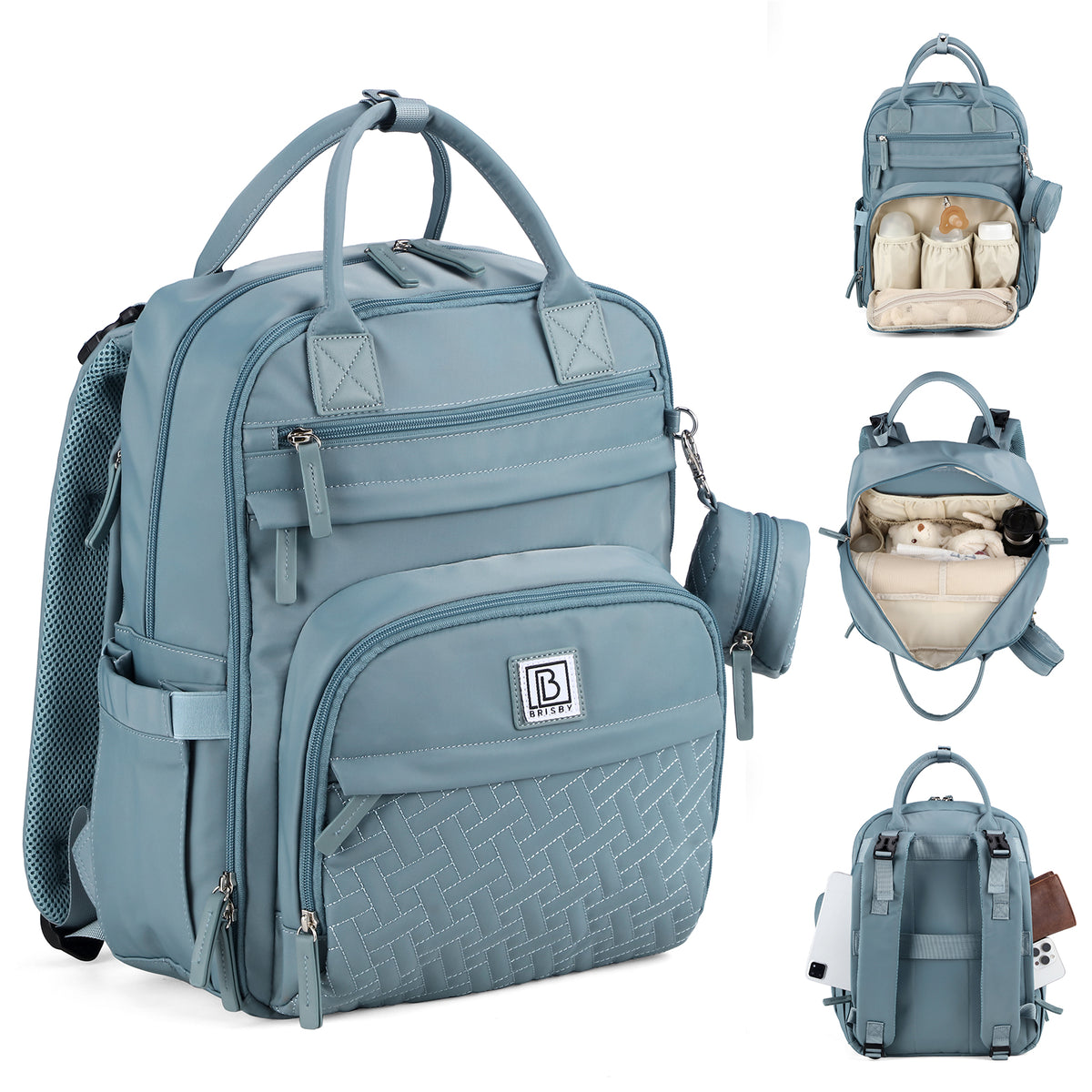 Brisby Premium Luiertas – Uitgebreide en Functionele Verzorgingstas – met buggymontage – Anti Diefstal Vakken - Reistrolley Sleeve - Inclusief verschoonmatje t.w.v.15,99 euro en speenhouder - Levenslange Garantie - Misty Blue