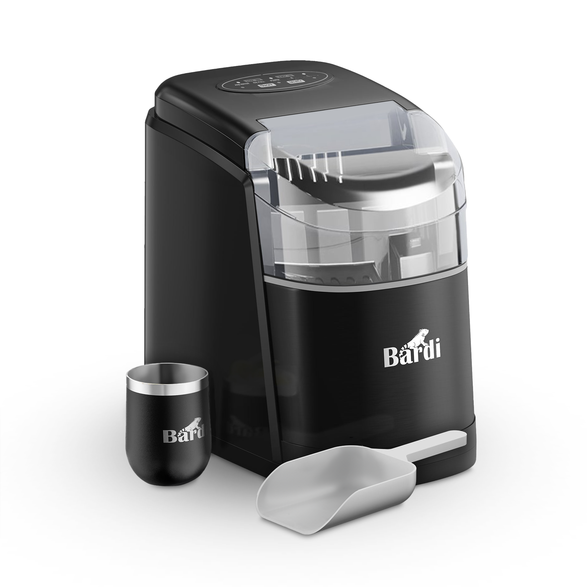 Bardi Deluxe Ice Cube Machine 1.6L black - Self-cleaning function - ice cube maker with ice scoop - Incl. luxury thermos cup and ice scoop