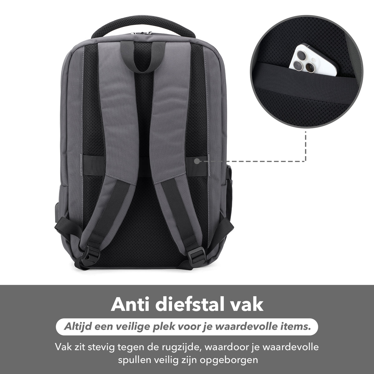 Brisby Rugzak Pro 1 – Laptoprugzak tot 15,7 inch voor Werk, School en Reizen – Waterafstotend – Met Tabletvak, Antidiefstalvak en Trolleysleeve - Grijs