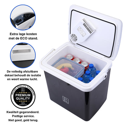 Elektrische koelbox 25L zwart - AC/DC 12V, 220/230V - incl. divider en vershoudbakjes - vergrendelbare deksel