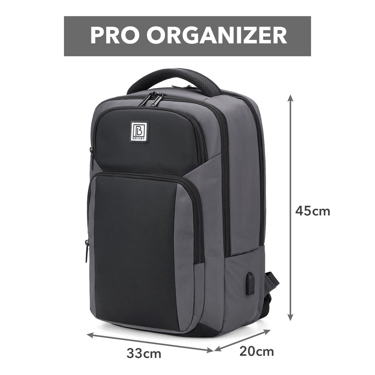 Brisby Rugzak Pro 1 – Laptoprugzak tot 15,7 inch voor Werk, School en Reizen – Waterafstotend – Met Tabletvak, Antidiefstalvak en Trolleysleeve - Grijs