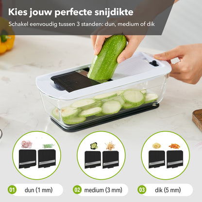 Bardi 12-delige mandoline met glazen ovenschaal - groentesnijder - anti-slip mat - glas & RSV - wit