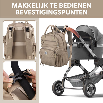 Brisby Premium Luiertas – Uitgebreide en Functionele Verzorgingstas – met buggymontage – Anti Diefstal Vakken - Reistrolley Sleeve - Inclusief verschoonmatje t.w.v.15,99 euro en speenhouder - Levenslange Garantie - Natural Greige