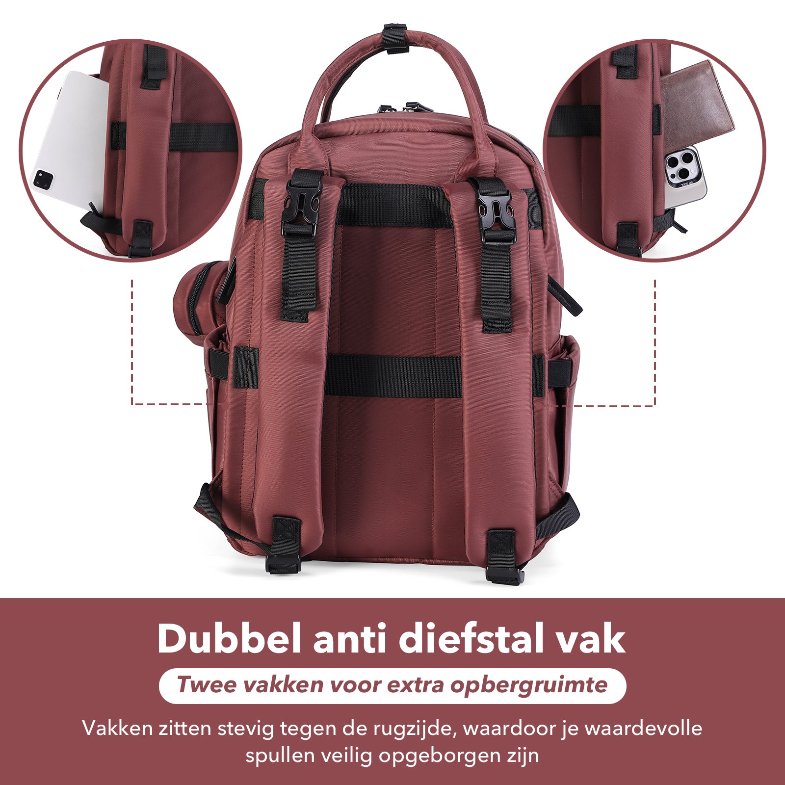 Premium luiertas rood - uitgebreide en functionele verzorgingstas - met buggymontage - anti diefstal vakken - reistrolley sleeve - incl. verschoonmatje en speenhouder - levenslange garantie