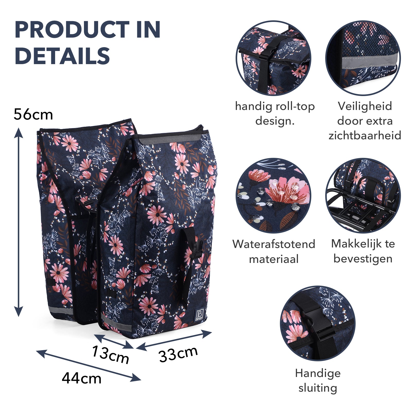 Brisby Dubbele Fietstas Rolltop Zwart 39-48L Waterdicht Geschikt voor Elektrische Fietsen & E-Bike - Japanese Flower