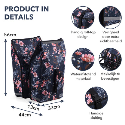 Brisby Dubbele Fietstas Rolltop Zwart 39-48L Waterdicht Geschikt voor Elektrische Fietsen & E-Bike - Japanese Flower