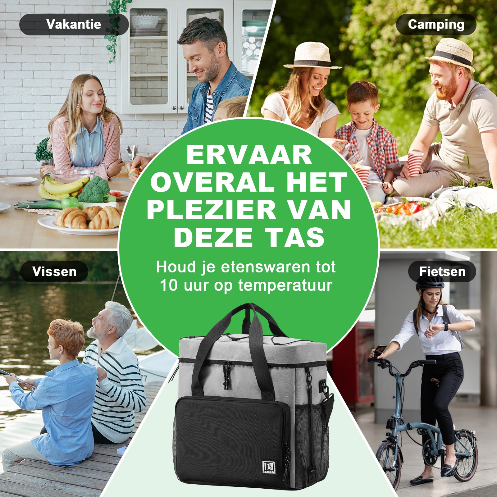 Koeltas 30L zwart-grijs-grijs - Lunchtas - 4 laags geïsoleerd - incl. 4 koelelementen