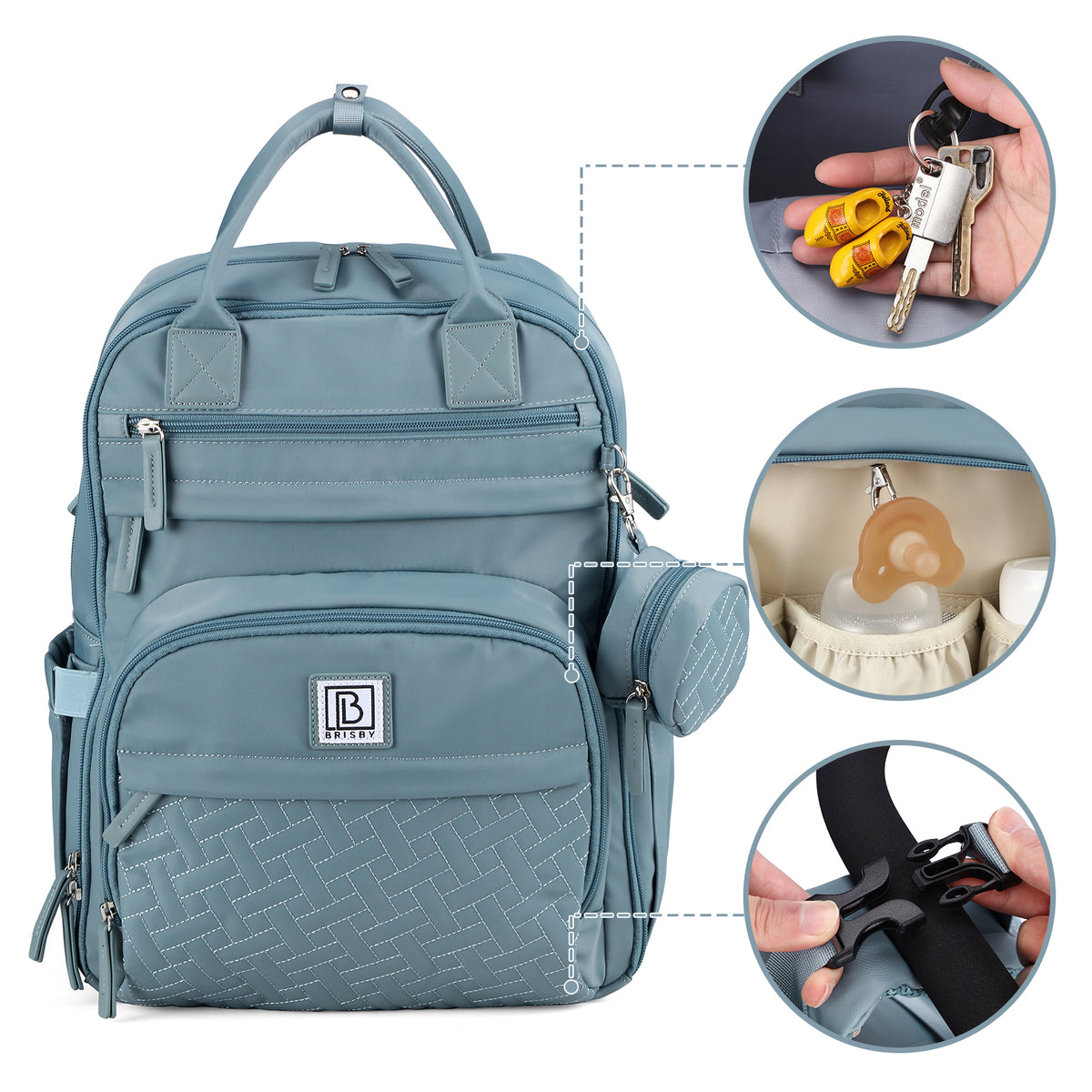 Brisby Premium Luiertas – Uitgebreide en Functionele Verzorgingstas – met buggymontage – Anti Diefstal Vakken - Reistrolley Sleeve - Inclusief verschoonmatje t.w.v.15,99 euro en speenhouder - Levenslange Garantie - Misty Blue
