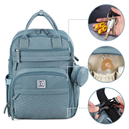 Brisby Premium Luiertas – Uitgebreide en Functionele Verzorgingstas – met buggymontage – Anti Diefstal Vakken - Reistrolley Sleeve - Inclusief verschoonmatje t.w.v.15,99 euro en speenhouder - Levenslange Garantie - Misty Blue