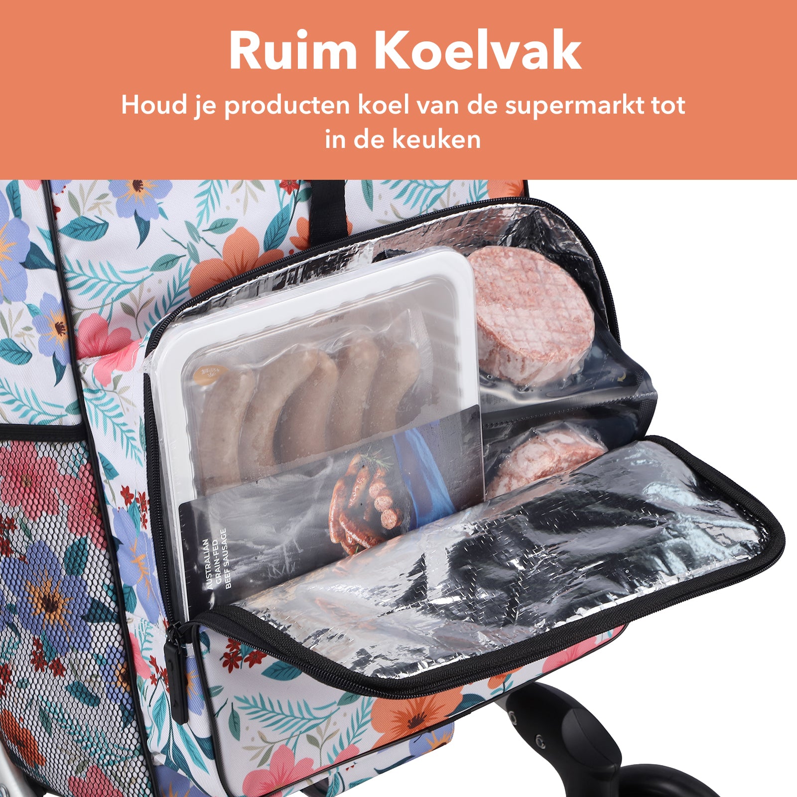 Packaway Boodschappentrolley met 4 wielen - boodschappenwagen deluxe met koelvak en verstelbaar handvat – 60 liter – Pastel Blossom
