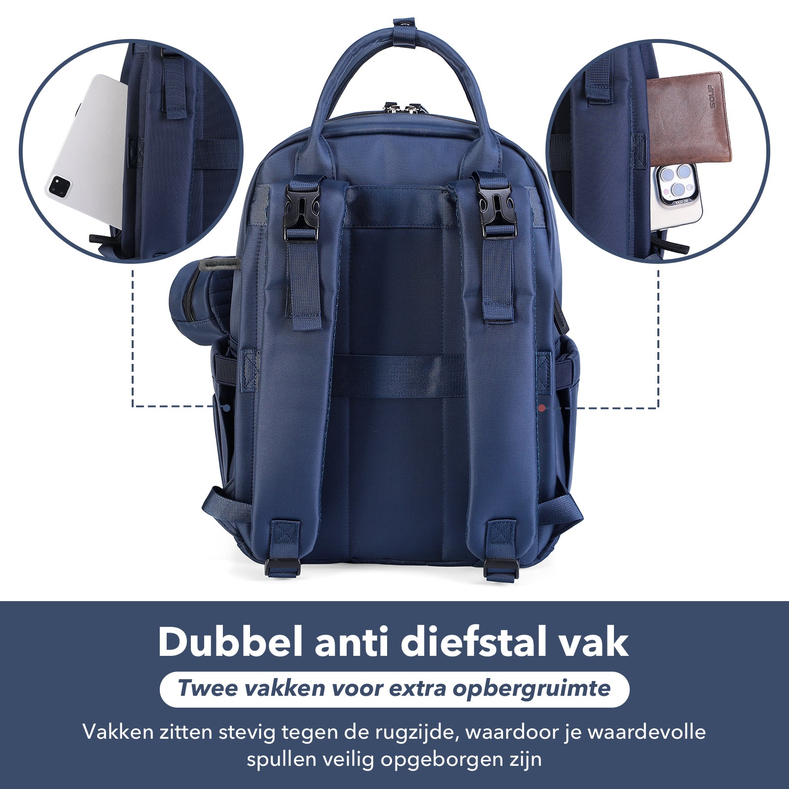 Premium luiertas blauw - uitgebreide en functionele verzorgingstas - met buggymontage - anti diefstal vakken - reistrolley sleeve - incl. verschoonmatje en speenhouder - levenslange garantie