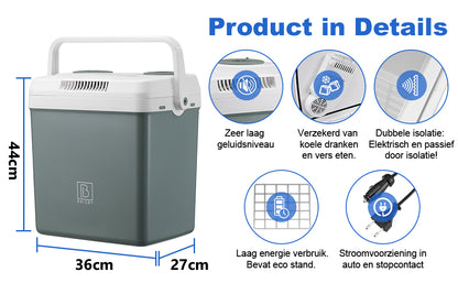 Elektrische koelbox 25L groen - AC/DC 12V, 220/230V - incl. divider en vershoudbakjes - vergrendelbare deksel