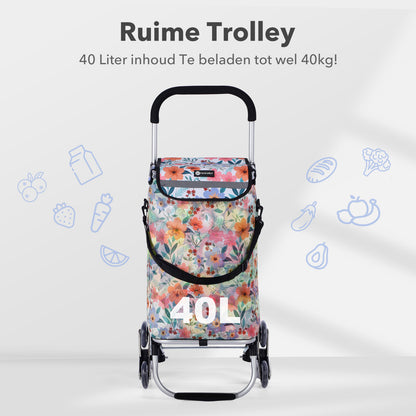 Packaway Boodschappentrolley met Trapwielen 40 Liter - Opvouwbare Boodschappenwagen met ruim Koelvak - Pastel Blossom