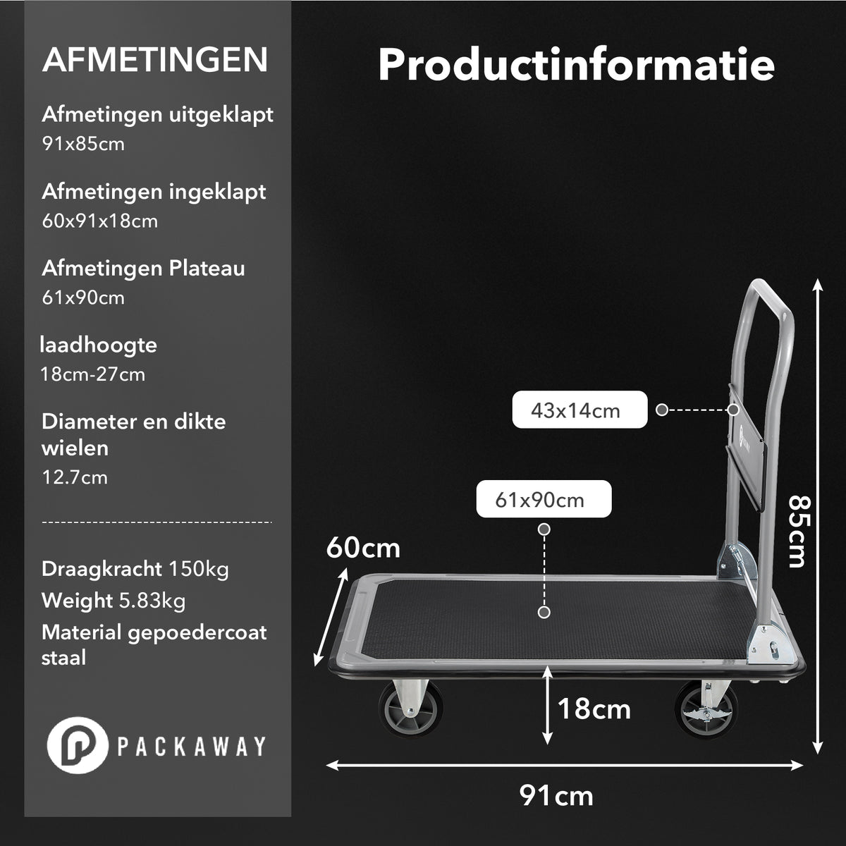 Packaway Opvouwbare Transportwagen 350 kg – Transportkar met Rem – 92 x 62 cm – Antislip Laadplatform – 4 Wielen – Inklapbare Duwbeugel