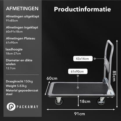 Packaway Opvouwbare Transportwagen 350 kg – Transportkar met Rem – 92 x 62 cm – Antislip Laadplatform – 4 Wielen – Inklapbare Duwbeugel
