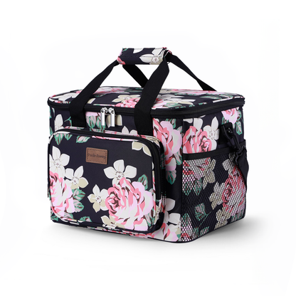 Koeltas 15L koeltas black flower - lunchtas - 4-laags geïsoleerd - opvouwbaar - incl. 2 gratis koelelementen en draagband