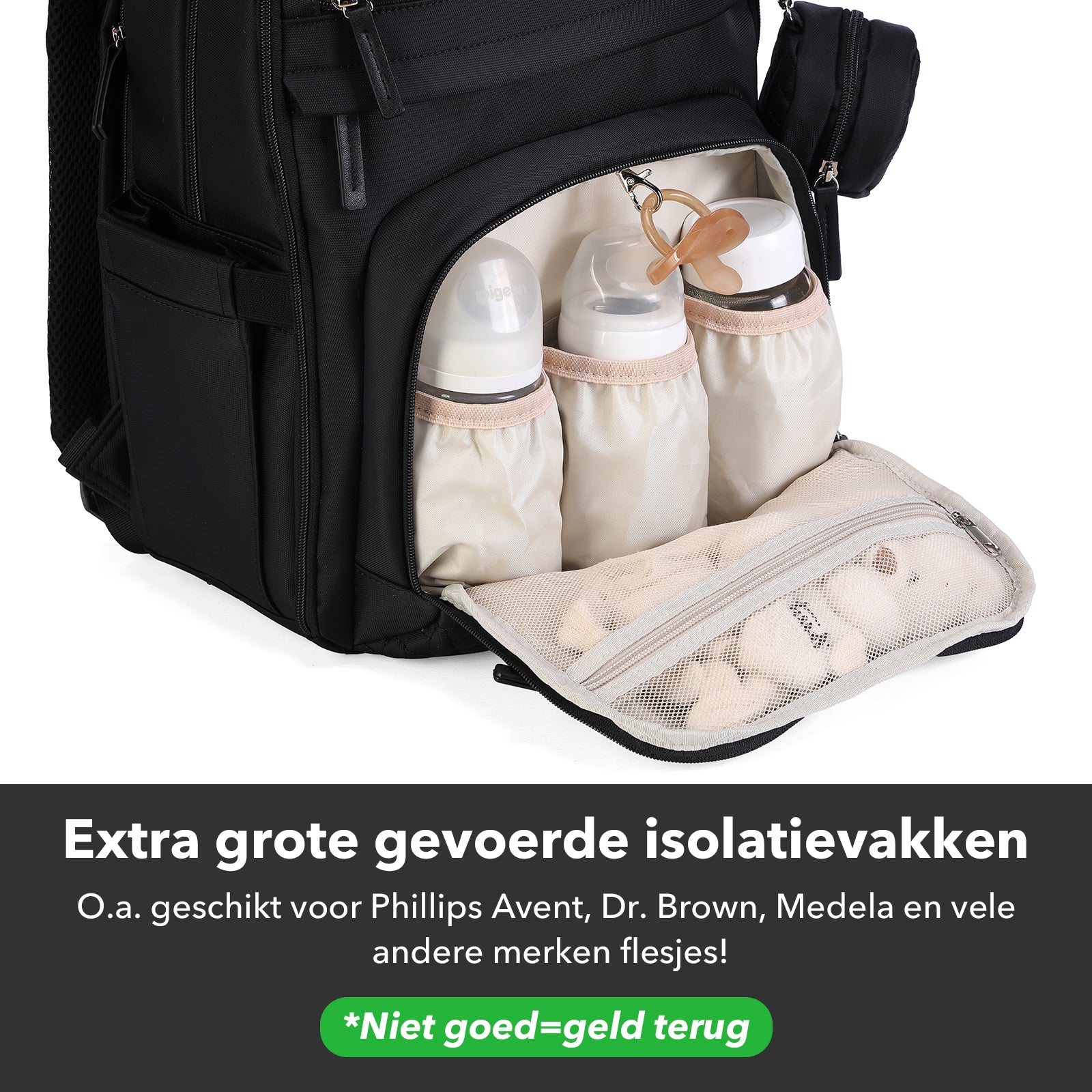 Premium luiertas zwart - uitgebreide en functionele verzorgingstas - met buggymontage - anti diefstal vakken - reistrolley sleeve - incl. verschoonmatje en speenhouder - levenslange garantie