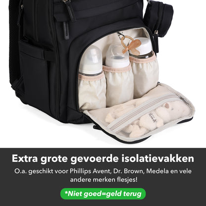 Premium luiertas zwart - uitgebreide en functionele verzorgingstas - met buggymontage - anti diefstal vakken - reistrolley sleeve - incl. verschoonmatje en speenhouder - levenslange garantie